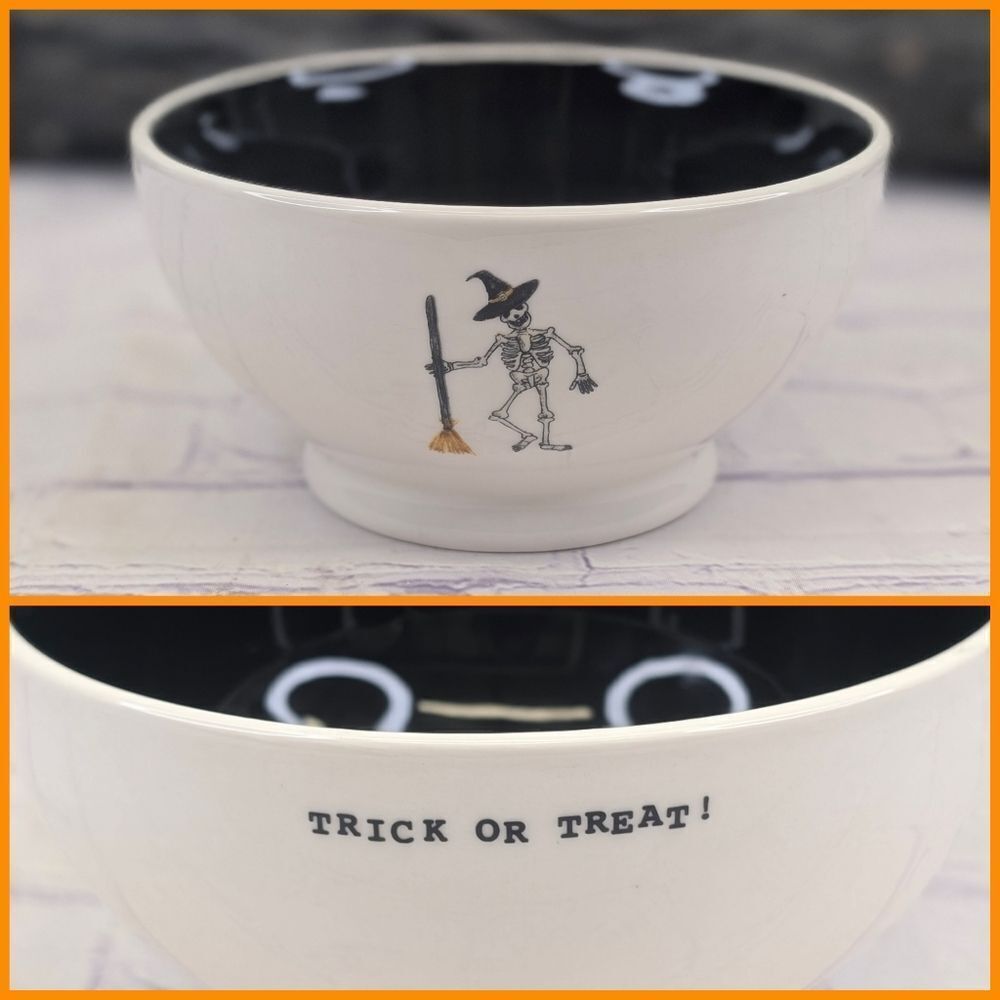 Rae Dunn TRICK OR TREAT Witch Skeleton White/Black Double-Sided Ceramic Bowl